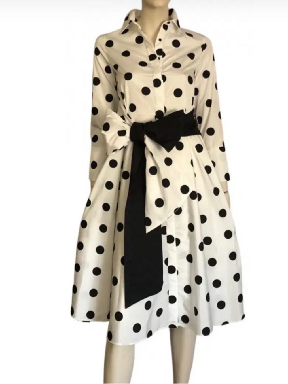 Carolina Herrera Dress size 4 Polka Dot Shirt Dress with Black Waist Tie